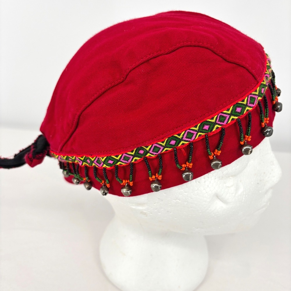 Red Embroidered Pom-Pom Trim Cotton Hat - Picture 3 of 5